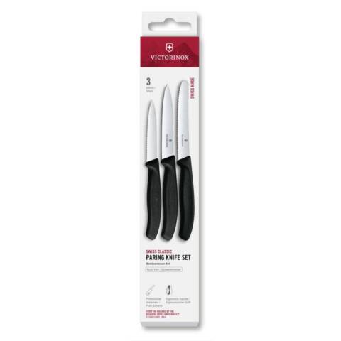 Set treh nožev za zelenjavo, 11 cm, ravno in valovito rezilo, črna